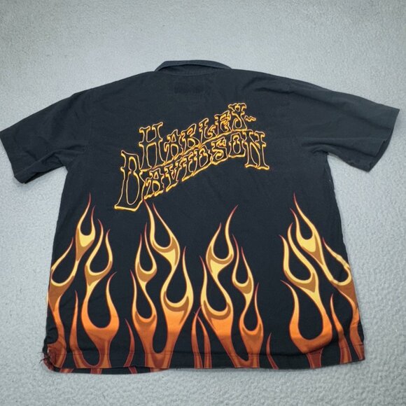 Harley Davidson Shirt Men Large Black‎ Orange Flames Script Bar Shield Zip Short - Picture 2 of 16